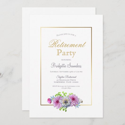 退職後のパーティー縁ど金ゴールド（ピンクの花） 招待状 (正面/裏面)