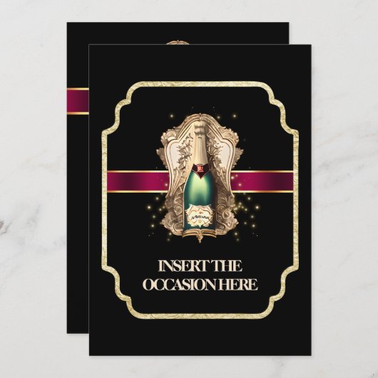 退職後のブラックタイの誕生日ワきらめくイン 招待状 (正面/裏面)