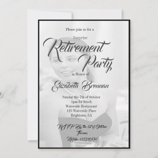 退職後の写真エレガント白黒スタイリッシュ 招待状 (正面)