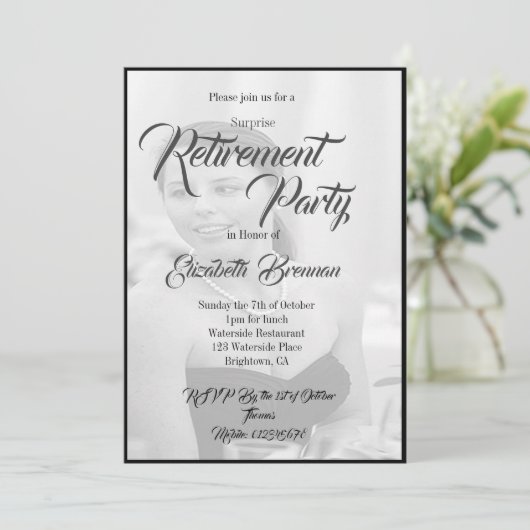 退職後の写真エレガント白黒スタイリッシュ 招待状 (スタンド正面)