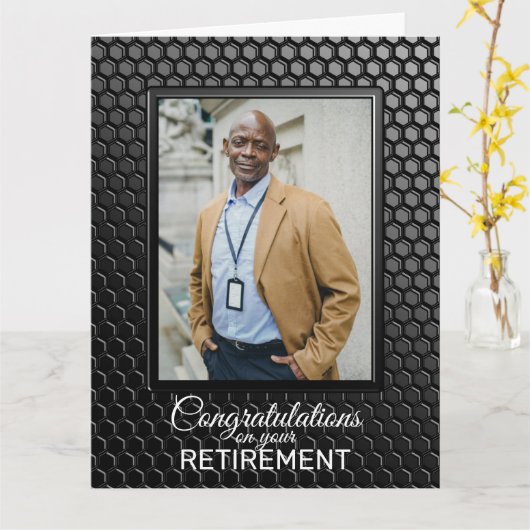 退職後の黒の幾何学的パターンカスタムの写真 カード (黄色い花)