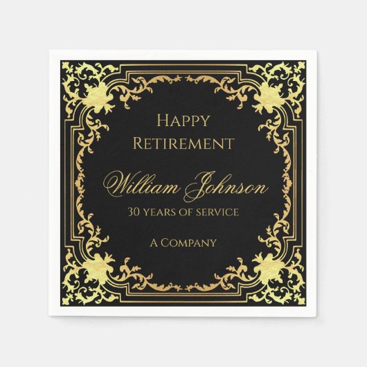 退職後の黒フェイク金ゴールドヴィンテージエレガントスクリプト スタンダードカクテルナプキン (正面)