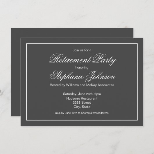 退職後エレガントのダークグレーパーティー 招待状 (正面/裏面)