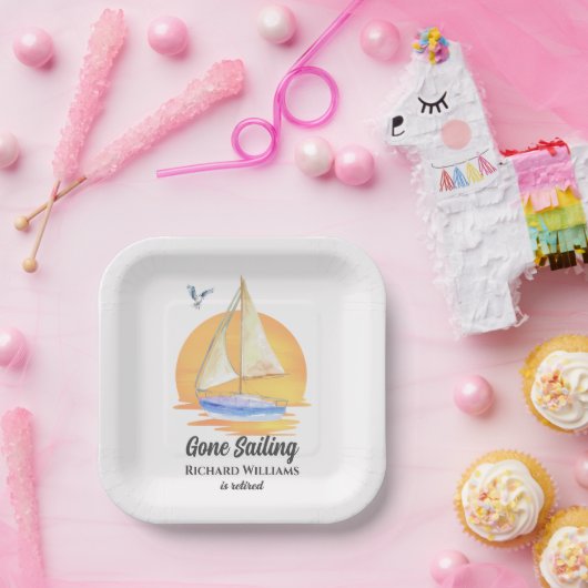 退職後セーリングセーリングセーリングボート日没の水色 ペーパープレート (パーティー)