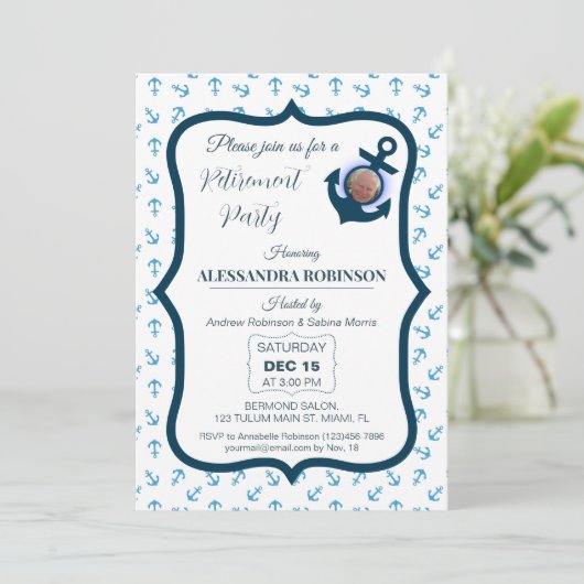 退職後航海のの写真といかりネイビーブルートーン 招待状 (スタンド正面)