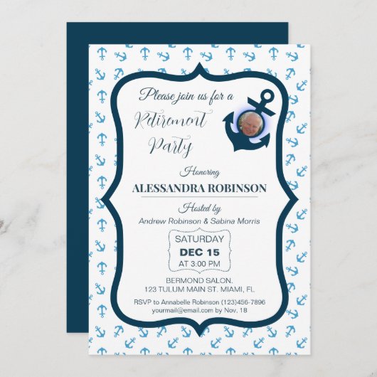 退職後航海のの写真といかりネイビーブルートーン 招待状 (正面/裏面)