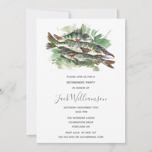 退職招待状退職したパーティー |魚釣り 招待状 (正面)