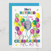 退職招待状風船と写真を持つ彼女 招待状 (正面/裏面)