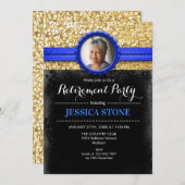 退職招待状（写真あり） -王室の青金ゴールド 招待状 (正面/裏面)