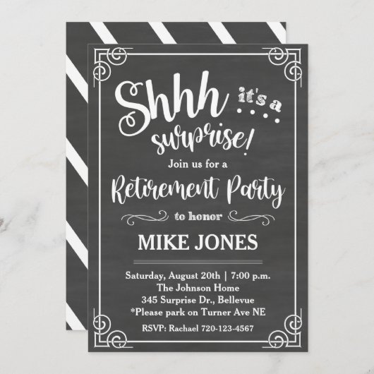 退職招待状、退職後の驚きのパーティー 招待状 (正面/裏面)