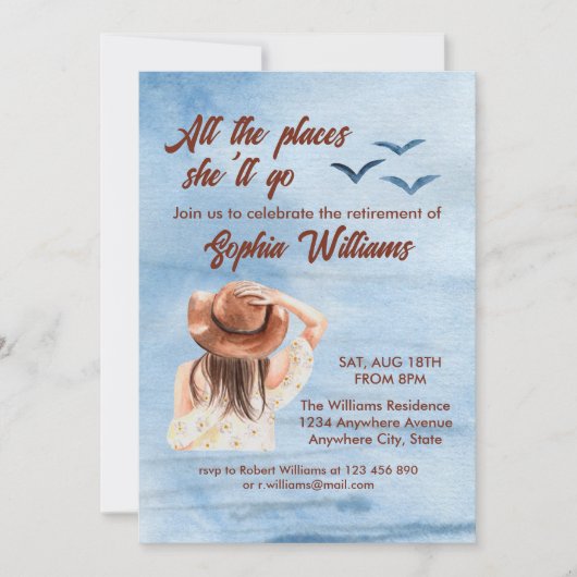 退職旅行のすべての場所の女性の水色 招待状 (正面)