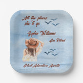 退職旅行をテーマにしたパーティー女性水彩色 ペーパープレート (正面)