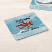 退職旅行をテーマにしたパーティー赤飛行機ヴィンテージ スクエアペーパーコースター (アングル)