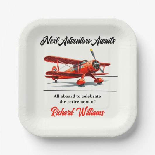 退職旅行をテーマにしたパーティー赤飛行機ヴィンテージ ペーパープレート (正面)