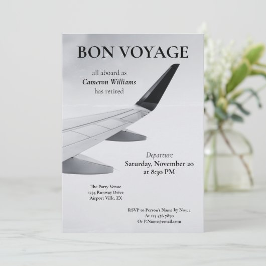 退職旅行テーマモダン飛行機ボンボヤージュ 招待状 (スタンド正面)