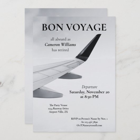 退職旅行テーマモダン飛行機ボンボヤージュ 招待状 (正面/裏面)
