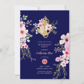 退職航海の招待状ネイビーブルーピンクフローラ 招待状 (正面)