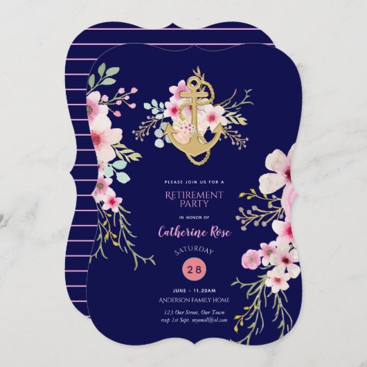 退職航海の招待状ネイビーブルーピンクフローラ 招待状 (正面/裏面)