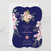 退職航海の招待状ネイビーブルーピンクフローラ 招待状 (正面)