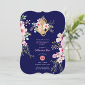 退職航海の招待状ネイビーブルーピンクフローラ 招待状 (スタンド正面)