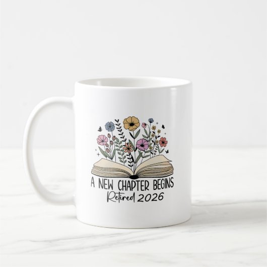 退職記念の新しい章の本の花のデザイン コーヒーマグカップ (左)