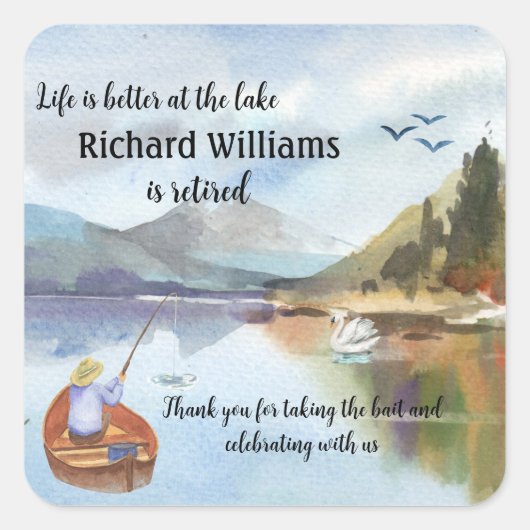 退職魚釣りで湖の水色 スクエアシール (正面)