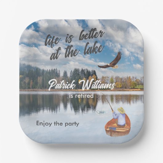 退職魚釣りで湖の水色 ペーパープレート (正面)