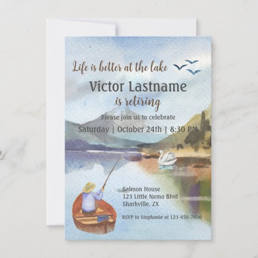 退職魚釣りで湖の水色 案内状 (正面)
