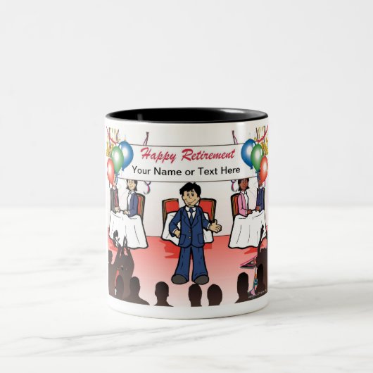退職 – 男性の漫画 ツートーンマグカップ (中央)