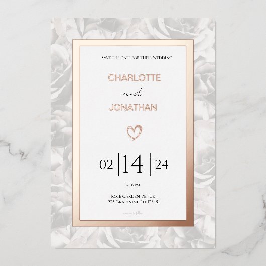 退色したグレーのバラ 結婚式 オーダーメイド ゴールド 箔招待状 (正面)