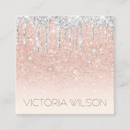 退色ガーリーピンクほこりっぽいバラ銀グリッタードリップ スクエア名刺 (正面)
