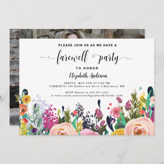 送別パーティー送信オフ行遠くにくフローラ写真 招待状 (正面/裏面)