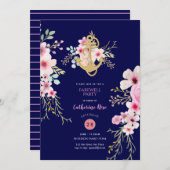 送別航海の招待状ネイビーブルーピンクフローラ 招待状 (正面/裏面)