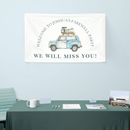 送別車と荷物行く遠くにパーティー歓迎 横断幕 (トレードショー)