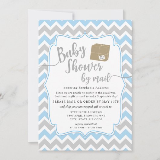 送料箱付き小包による男の子の赤ちゃんシャワー 招待状 (正面)