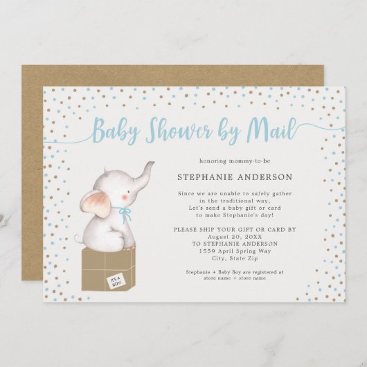 送料箱付き小包による男の子の赤ちゃんシャワー 招待状 (正面/裏面)