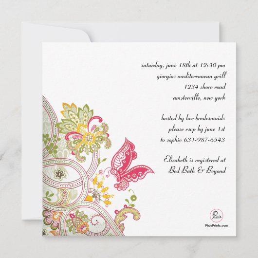 逃げやすい蝶ブライダルシャワーの招待状 招待状 (裏面)