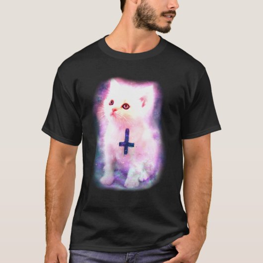 逆にされた十字を持つ宇宙の子ネコ Tシャツ (正面)