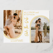 逆アーチ2枚の写真結婚式の日付を保存 箔招待状 (正面)