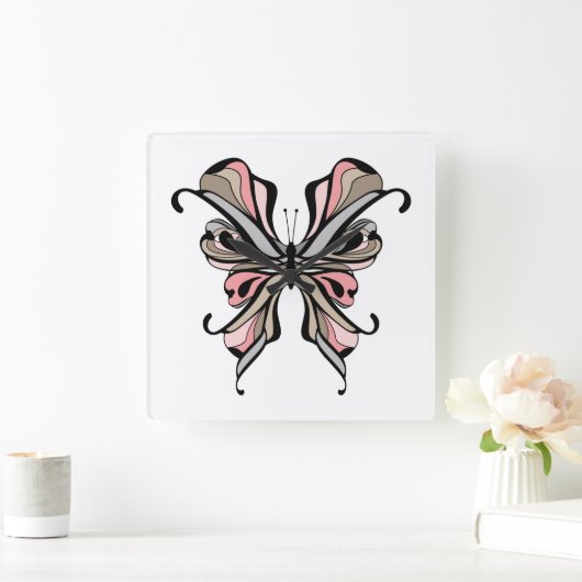 透かし模様の蝶 スクエア壁時計 (ホーム)