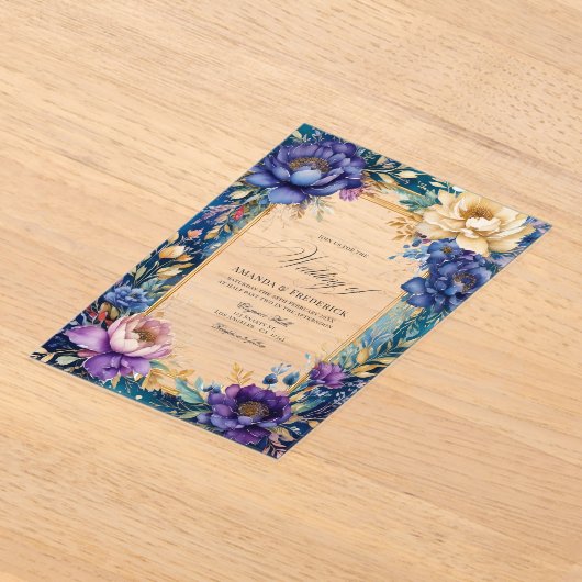 透け感のあるターコイズブルー、パープル、ゴールドの花柄結婚式 アクリル招待状 (レイダウン)