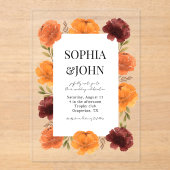 透はっきりした明のオレンジ色の花結婚咲き アクリル招待状 (正面)