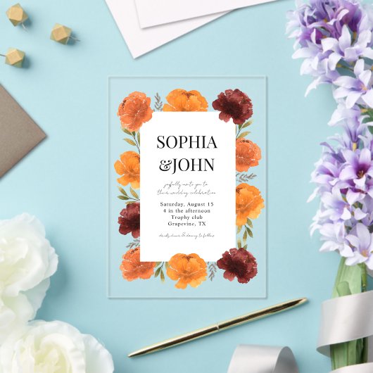 透はっきりした明のオレンジ色の花結婚咲き アクリル招待状 (インサイチュ (ウェディング))