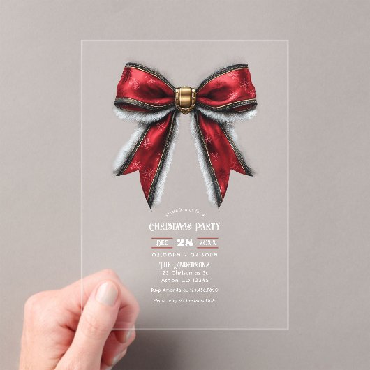 透明でエレガントな赤いリボンのクリスマスパーティー アクリル招待状 (インサイチュ (ポータブル))