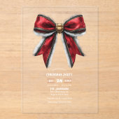 透明でエレガントな赤いリボンのクリスマスパーティー アクリル招待状 (正面)