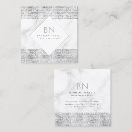 透明なきらめくの銀の大理石のモノグラム スクエア名刺 (正面/裏面)