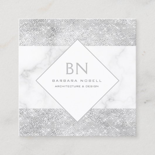 透明なきらめくの銀の大理石のモノグラム スクエア名刺 (正面)