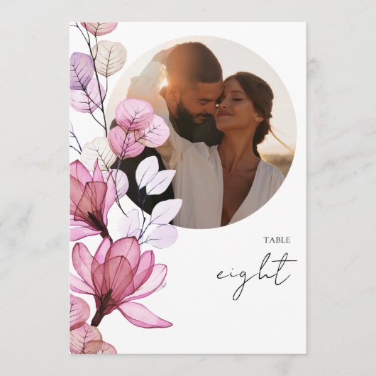 透明なダスティーローズの花の写真テーブルナンバー 招待状 (正面)