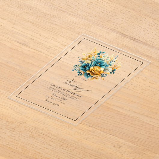 透明なティール（緑がかった色）と金ゴールドフローラ結婚の アクリル招待状 (レイダウン)