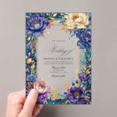 透明なティール(緑がかった色)、紫、および金ゴールドのフローラ結婚 アクリル招待状 (インサイチュ (ポータブル))